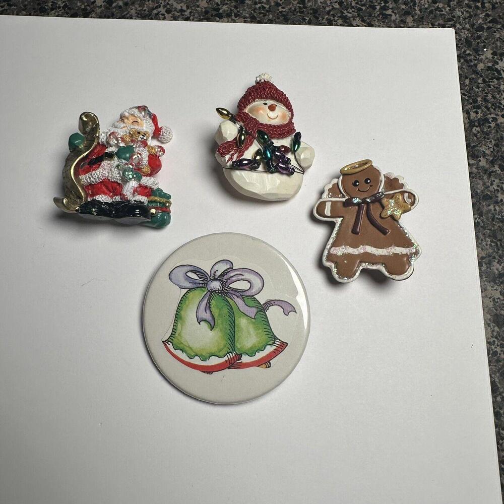 Christmas Holiday Brooch Pin Lot Of 4 Santa, Snowman, Gingerbread Man, Bells